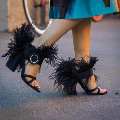 Sestito 2019 The Newest Women Sexy Feather Embellished Chunky Heels Gladiator Sandals Ladies Peep Toe Elastic Band Runway Shoes