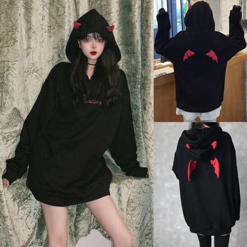 Fall Spring Women Letter Sweatshirts High Street Harajuku Cute Hoodies Punk Gothic Devil Horn Chic Hooded Pullover Loose Moletom