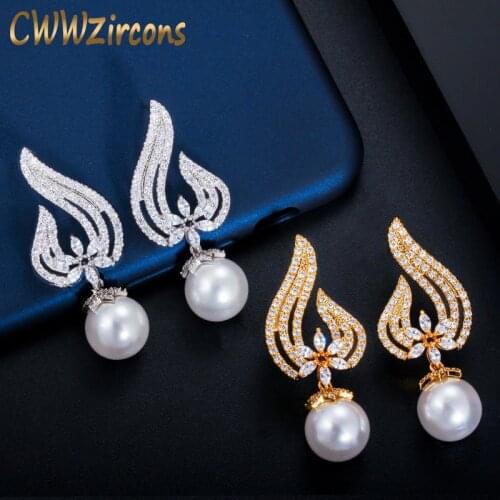 CWWZircons Elegant Cubic Zirconia Paved Yellow Gold Color Big Pearl Earrings for Women Vintage Brides Wedding Jewelry CZ573