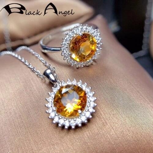 BLACK ANGEL New Single Gemstone Jewelry Sets Yellow Crystal Pendant Necklace For Women Pave Zircon Wedding Resizable Rings