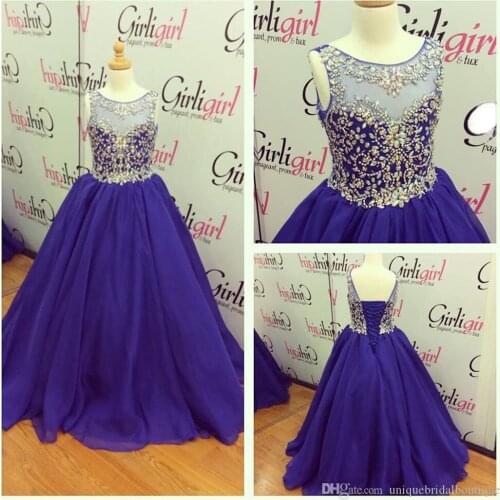 2021 Girls Pageant Dresses Royal Blue Size with Lace Up and Jewel Neck Real Pictures Beading Chiffon Little Girls Prom Gowns Cus