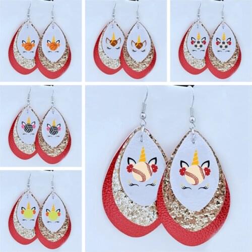 3D Leather Earrings Unicorn Tennis Baseball Football Basketball Volleyball Teardrop Earrings Wholesale