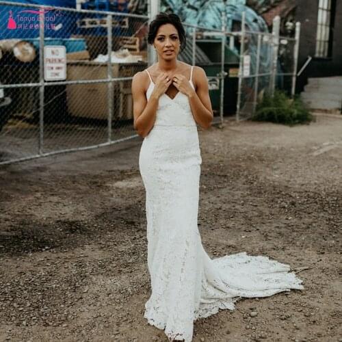 Spaghetti Lace Wedding Dresses Mermaid Sexy Backless Bridal Gowns Boho Beach Dress ZW348