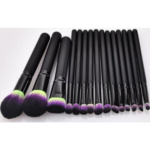 15pcs makeup brushes set wooden handle with aluminum tube and Green purple hair nylon wool