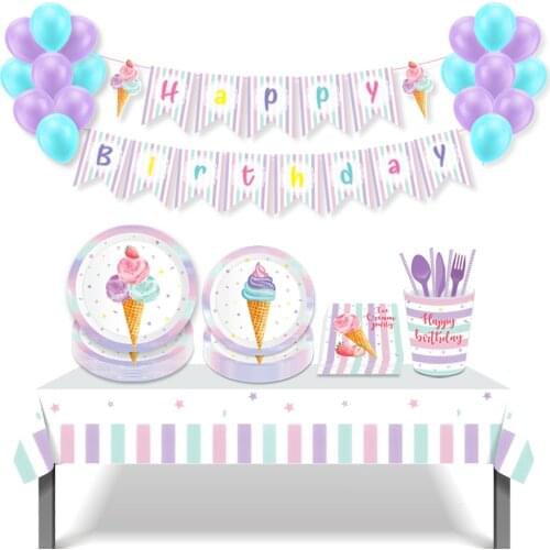 8 Guests Disposable Tableware Sets Summer DIY Sweet Purple Ice Cream Theme Kids Birthday Party Baby Shower Party Decorations