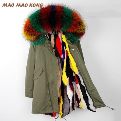 2020 New long slim winter coat jackets woman real raccoon fur hooded rabbit fur liner outwear brand style black army green color