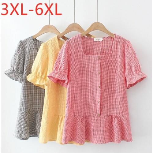 New 2021 Ladies Summer Plus Size Tops For Women Large Short Sleeve Loose Cotton Red Yellow Plaid Ruffle Shirt 3XL 4XL 5XL 6XL