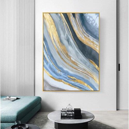 Blue Wave Painting Gold Leaf Canvas Painting Hand Painted Grey Blue Acrylic Painting Modern Abstract Paint Extra Large Wall Art