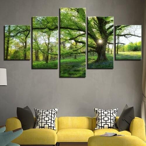 Modern 5 Panel Green Tree Landscape Wall Art Canvas Pictures Home Decoration HD Printed Paintings Modular Posters