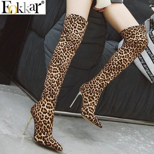 Eokkar 2020 Women Over The Knee High Boots Pointed Toe Sexy All Match Party Boots Leopard Winter Thin High Heel Boots Size 34-43