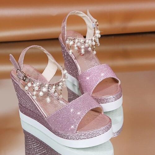 2021 Womens Wedges Shoes High Heels Fashion Crystal Sandals Comfortable Summer Ankle-strap Woman Sandals Wedges Thick Shoe