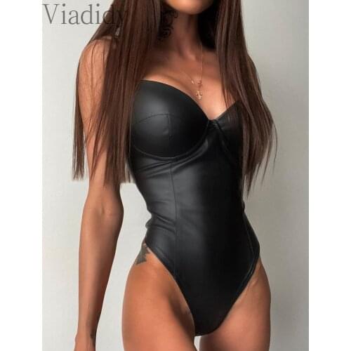Women PU Leather Bandeaux Sleeveless Skinny Bodysuit Female Romper