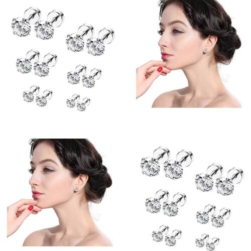 6 Pc Stainless Steel Ear Stud Piercing Barbell Studs Earrings Round Zirconia Inlaid Pendientes Boucle Oreille Femme Серьги 2021