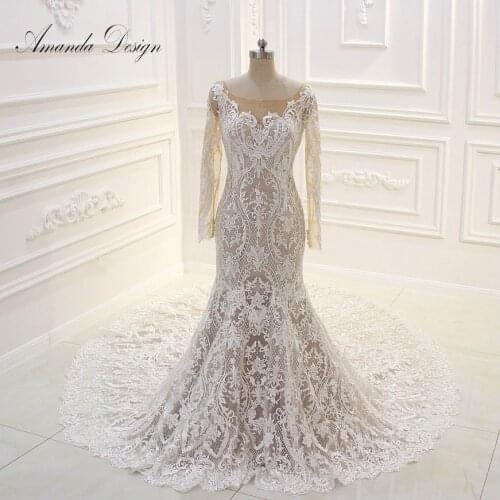 Amanda Design New Style Special Lace Champagne Long Sleeve Mermaid Wedding Dress