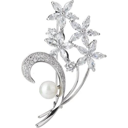 Copper Micro Inlaid Zircon Bouquet Flower with Pearl Brooch All-match Delicate Clothing Jewelry Accessories New Trend Creative