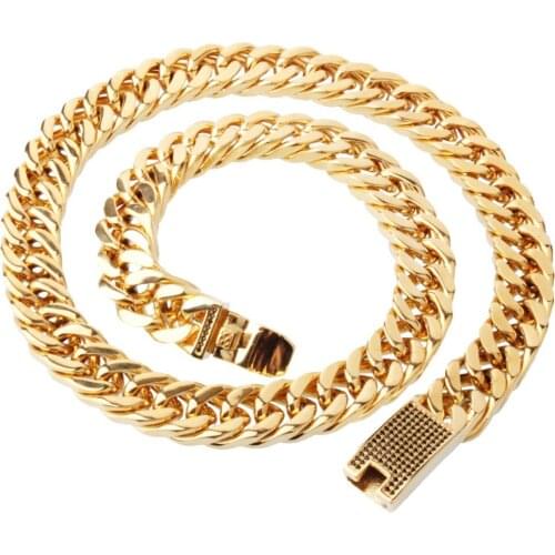 15mm Wide Fashion 316L Stainless Steel Gold Tone Double Cuban Curb Link Chain Men Women Jewelry Necklace Or Bracelet Black Stone