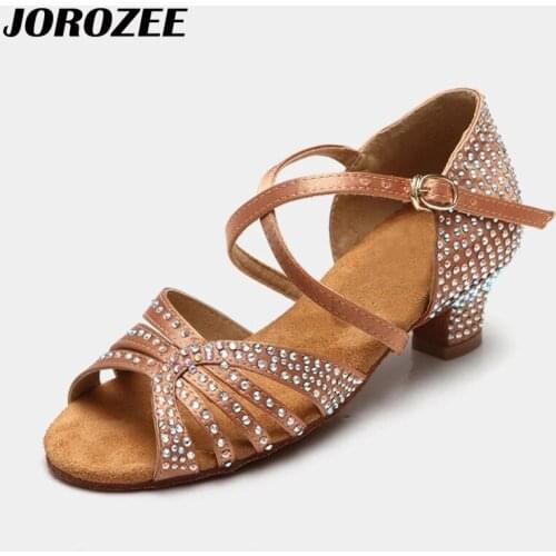 JOROZEE Latin Dance Shoes Rhinestone Bronze Black Satin Squre Party Ballroom Dancing Shoes Low Heel 4.5cm Old Women Wide Stable