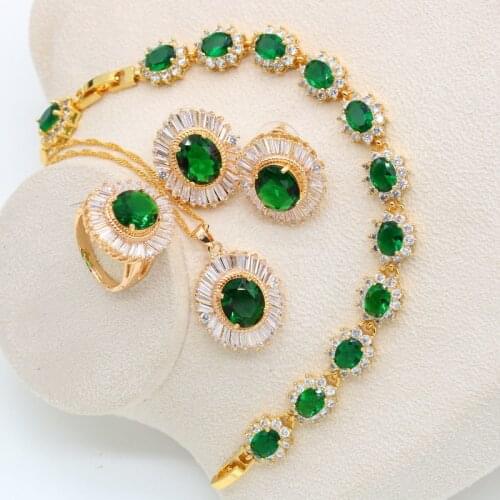 Classic Wedding Gold Color Jewelry Set for Women Green Semi-precious Bracelet Earrings Necklace Pendant Ring Birthday Gift