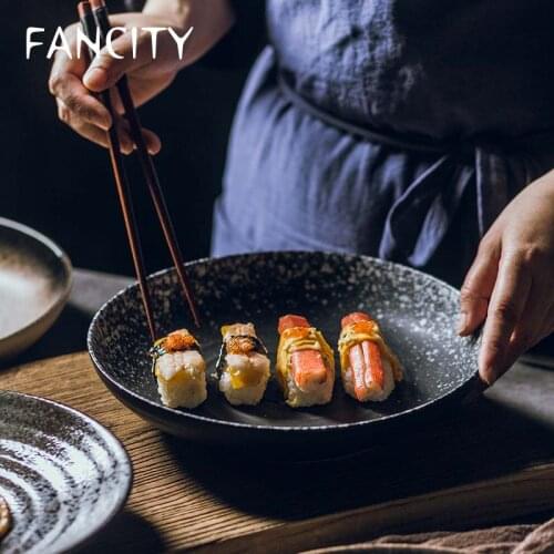 FANCITY Creative Ceramic Plate Japanese Meal Plate Household Simple Flat Plate Dinner Plate Rice Plate Black Breakfast Plate Sna
