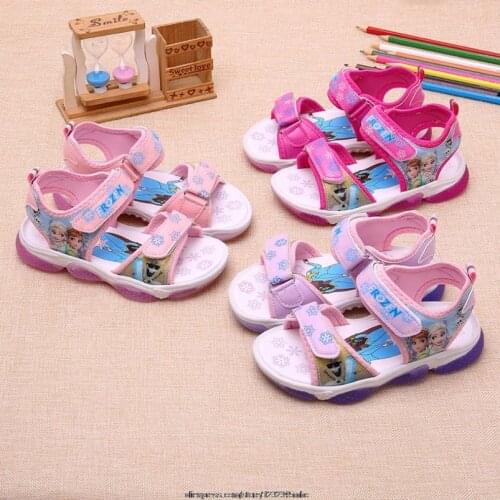 Summer Children LED Light Shoes Girls Sandals Original Disney Frozen Elsa Beach Soft Hollow Non-Slip Kids Breathable Cute Flat