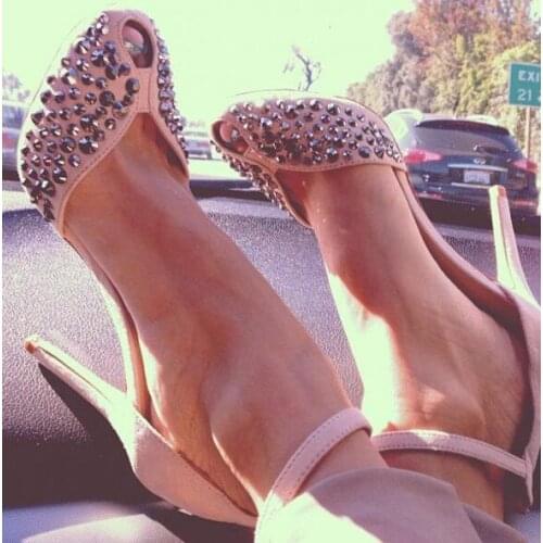 Moraima Snc Suede Studs Shoes Stiletto Heel Ankle Strap Sandals Peep Toe High Heel Shoes Woman Rhinestones Dress Heels