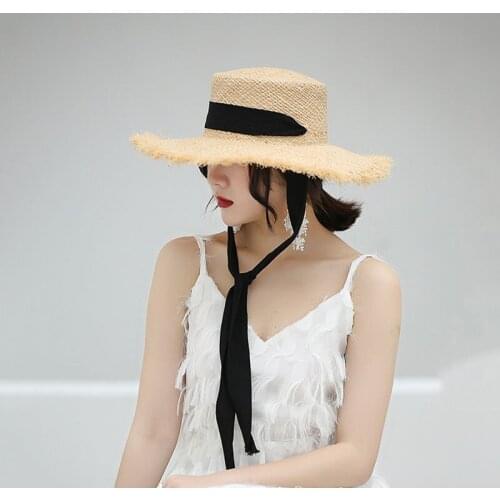 New Summer Women Wide Brim Raffia Straw Hat Long Ribbon Flat Top Panama Elegant Ladies Holiday Beach Cap Protection UV Sun Hat