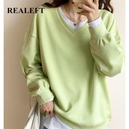 REALEFT 2021 New Womens Sweatershirt Casual Loose Autumn Fashionable Solid Color Oversize Ladies Winter Pullovers Tops Female