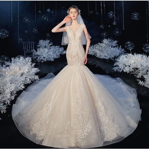 2021 New Arrivals Deep V-Neck Appliques Beading Pearls Sequined Shiny Mermaid Wedding Dresses Robe De Mariée Sirène