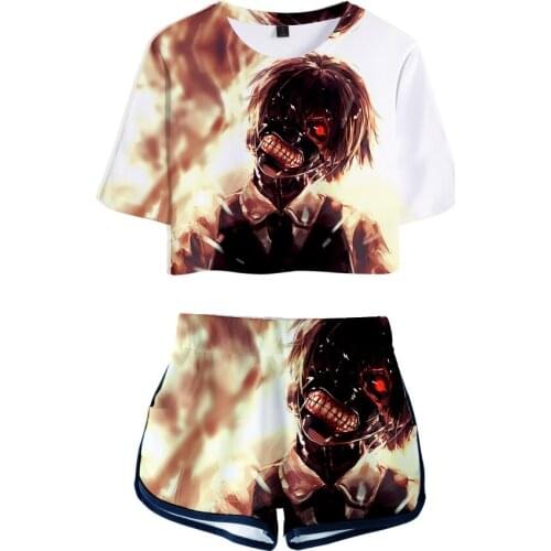 New Casual Crop Tops 3D Print Tokyo Ghoul Shorts And T-shirt Women Clothes 2018 Harajuku Hip Hop Kpop Plus Size