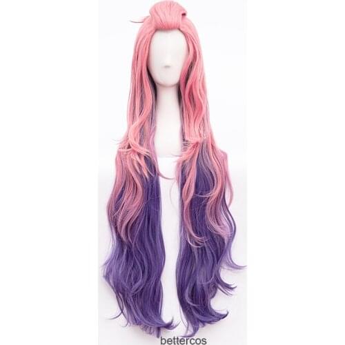 LoL KDA Seraphine Cosplay Wig Women Loose Wave Straight Pink Mixed Purple Wigs Heat Resistant Synthetic Hair + Wig Cap