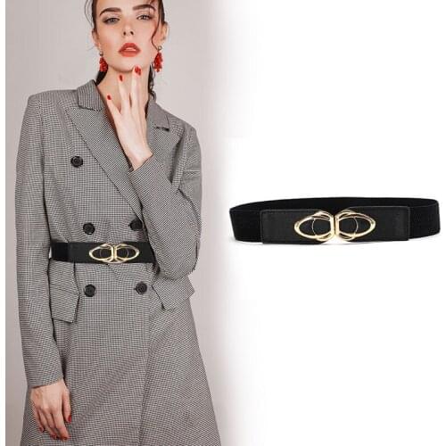 Metal Buckle Women Belt Black PU Leather Elastic Waist Belt Female Girls Dress Coat Waistband