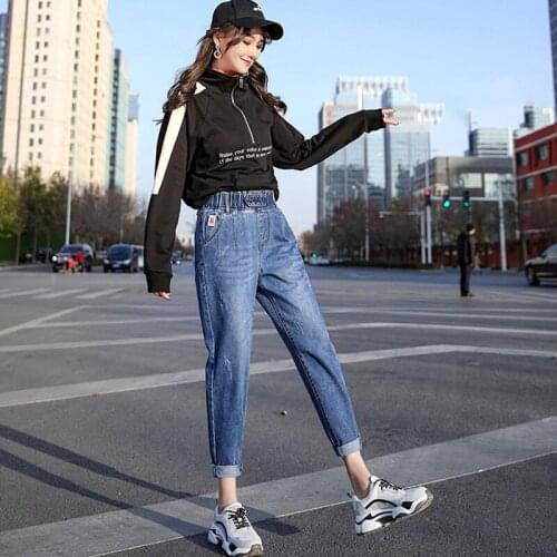 Ripped Patches Jeans Vrouw Hoge Taille Harembroek Femme Elastische Taille Enkellange Denim Mujer Plus Size Losse Casual Jeans ga