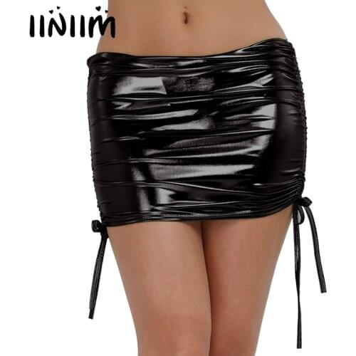 Iiniim Sexy Womens Club Skirts Shiny Wet Look Patent Leather Mini Skirt for Night Party Cocktail Wetlook Skirt for Ladies
