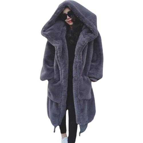 2021New Oversized Winter Warm Hooded Long Solid Color Faux Fur Coat Casual Long Sleeve Women Fur Jacket Outwear