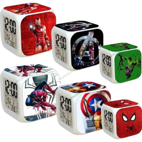 7 Colors Luminous LED Alarm Marvel CLock Spider Iron Man Desk Light Flash Model Thermometer Night Colorful Glowing Toys Kid Gift