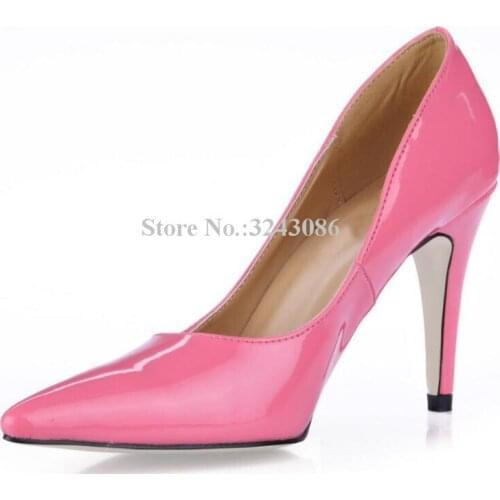 Pointed Toe Pink Color Patent Leather High Heels Shoes Womans Thin Heel Dress Shoes Ladies OL Out Fits Single Shoes
