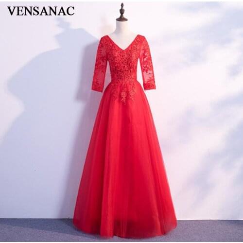 VENSANAC V Neck Lace Appliques Tulle A Line Long Evening Dresses 2018 Elegant Party Crystal Backless Prom Gowns