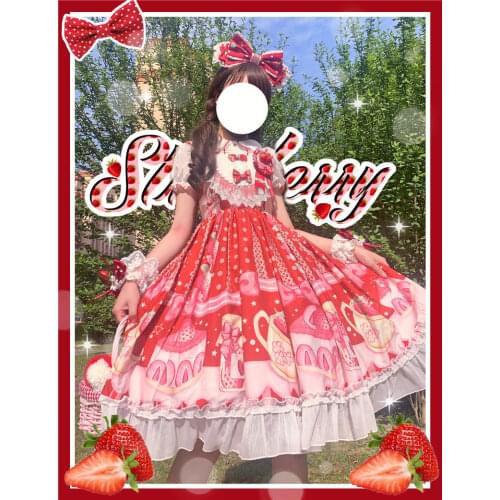 Japanese Harajuku Gothic Lolita Suspender Strap Dress Sweet Strawberry Cake Printing Soft Girl Cute Bow Cosplay Ruffles Dress