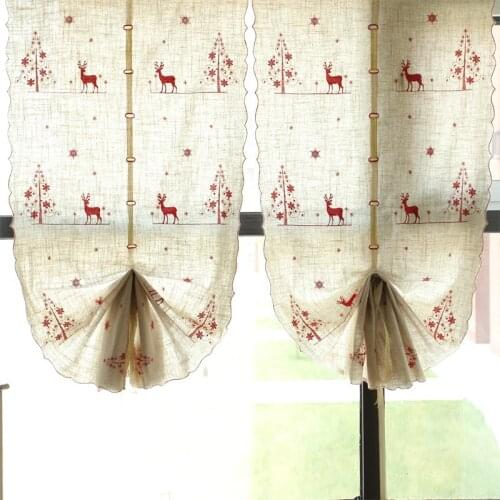 Pastoral Style Tie-UP Curtains for Kitchen Cotton Linen Finished Curtain for Kitchen Deer Embroidered Curtains for Bedroom 2pcs