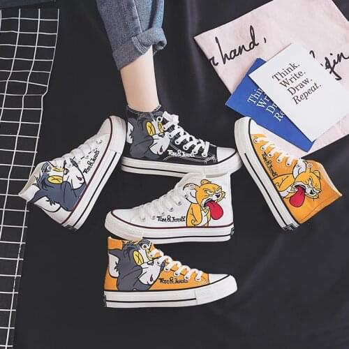 2021 Women Anime Cartoon Print Patchwork Shoes Brand Lovely Girls Canvas Thick Heel Sneakers Designer High Top Espadrilles Flat