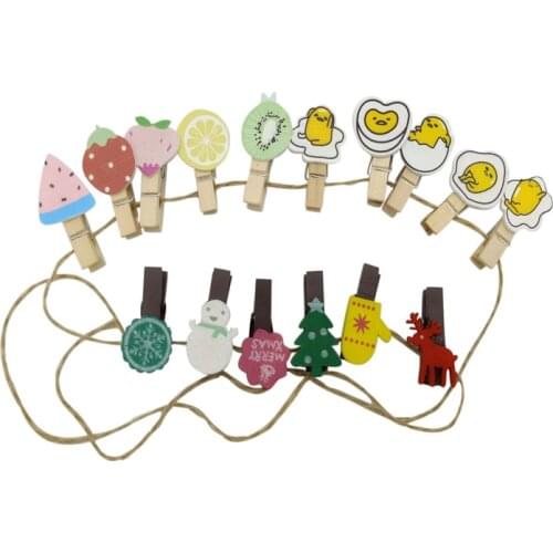10packs/lot Cute Happy Egg Fresh Fruit And Christmas Small Wooden Clip High Quality Office Supplies With Hemp Rope Freeshipping
