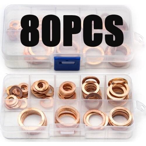 80PCS/set M6/M8/M10/M12/M14/M16/M18/M20 Solid Copper Crush Washers Spacer Flat Ring Oil Brake Sealing Kit Assorted Gaskets