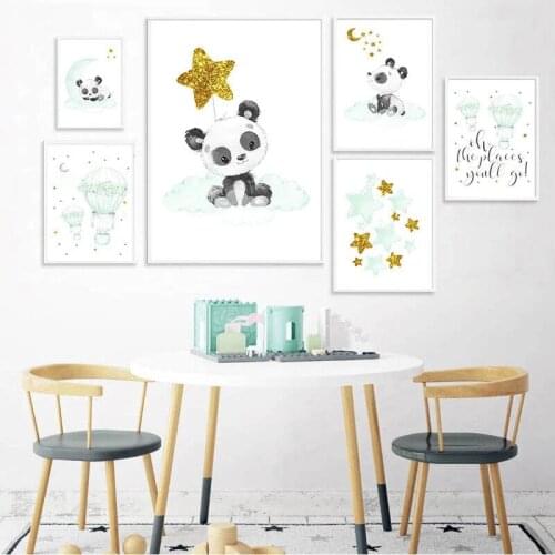 Baby Nursery Kids Poster Wall Art Print Panda Balloon Canvas Painting Nordic Mint Green Decorative Picture Child Bedroom Decor