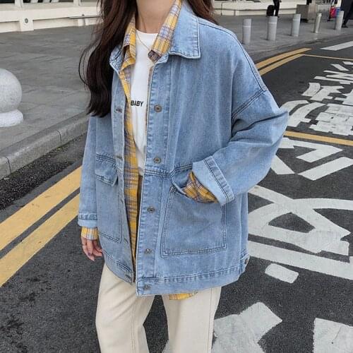 2 Colors Womens Casual Jean Coats 2021 Winter Women Loose Denim Jacket Long Sleeve Loose Female Girls Outwear (78228)