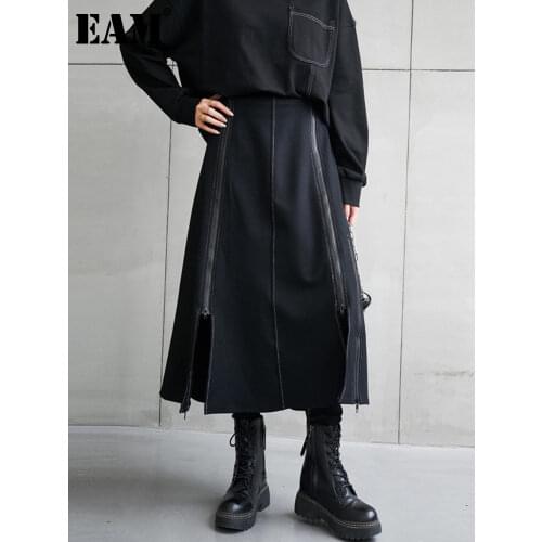 [EAM] High Elastic Waist Black Zipper Irregular Casual Long Half-body Skirt Women Fashion Tide New Spring Autumn 2021 1DE1910