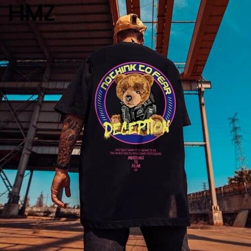 HMZ Summer 100% Cotton Tee Bear Print Men T-shirts Hip Hop Cartoon Tee Streetwear Sad Bear T Shirt Male HipHop Tshirt Harajuku
