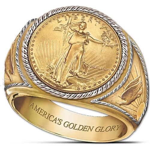 Fashion American Gold Glory Rings for Men Saint Gordon Double Eagle Coin Shape Ring Engagement Wedding Male Jewelry