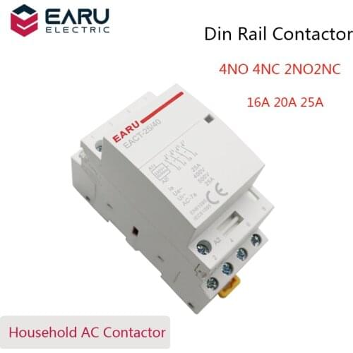 4P 16-25A AC 220V 230V 50/60Hz Din Rail Household AC Modular Contactor Switch Controller 4NO 4NC 2NO 2NC Smart Home House Hotel