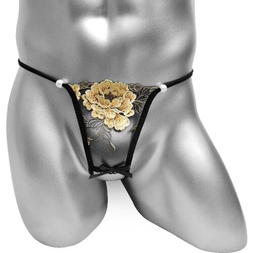 Mens Embroidery Crotchless Thongs Sissy Exotic Panties See Through Low Waist T-Back G-String Underwear Night Lingerie