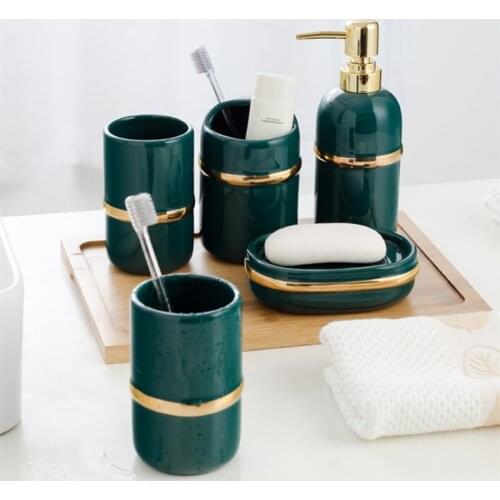 Nordic Bathroom Accessories Set 5pcs Bath Supply Kits 6 Pcs Bamboo Tray Emerald Golden Ring Hotel Decoration Gift Ceramic Orange